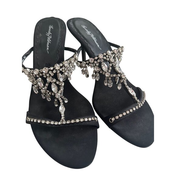 BEVERLY FELDMAN Rhinestone Black Satin Jeweled Sandals Heels Size 9 - Picture 2 of 12